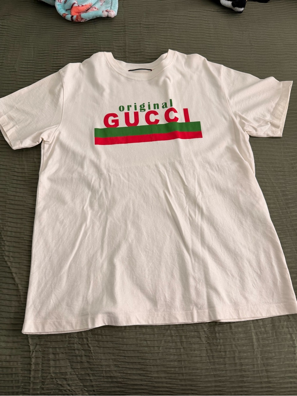 Gucci White Short Sleeve Tee with Red and Green Logo